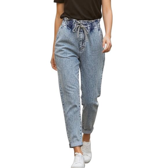Forever 21 Women's Jeans S Acid Wash Drawstring Paperbag Waist High Rise Cuffed - Picture 1 of 10